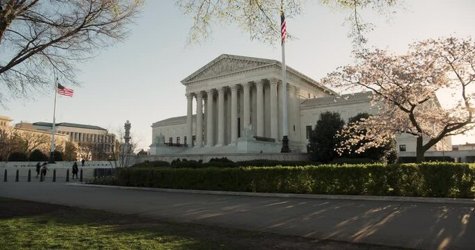 U.S. Supreme Court With Flowering Cherry Blossom Tree In Full Bloom Backlit By The Morning Sun, Washington D.C., U.S.A.