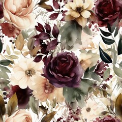 Experience the timeless beauty of lush burgundy florals paired with dark foliage in a classic watercolor painting. Perfect for any elegant design project. AI Generation