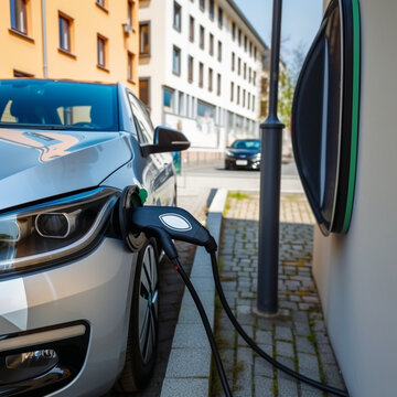 Electric vehicle (EV) connected to a charging station, representing the future of sustainable transportation. Ai generated