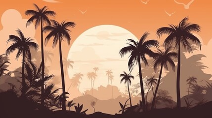 Plakat Sunset with palm trees, nature, beach, illustration, vector