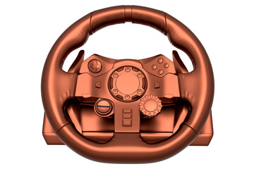 Realistic leather steering wheel with copper chrome texture on white background