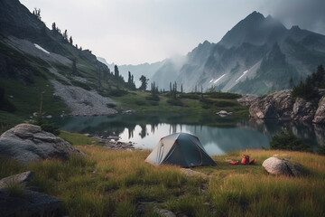 A tent in a beautiful mountain landscape, representing the joy and adventure of camping in the great outdoors. Ai generated