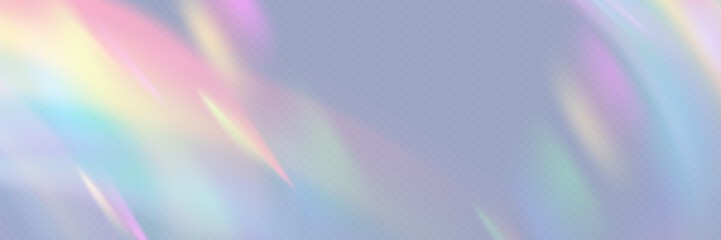 Rainbow colorful light prism effect, transparent background. Hologram reflection, crystal flare leak shadow overlay. Vector illustration of abstract blurred iridescent light backdrop. - obrazy, fototapety, plakaty