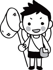 昆虫採集スタイルの男の子　モノクロ