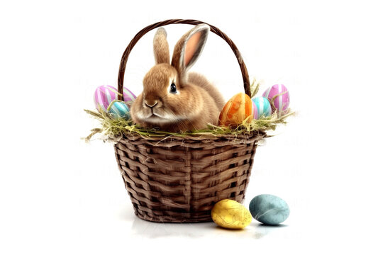 easter bunny in a basket with colored eggs is isolated on a white background. AI generation
