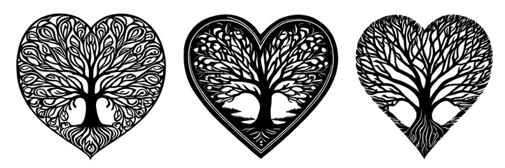 Silhouette of a tree with a heart. Sketch of a tree and heart tattoo.