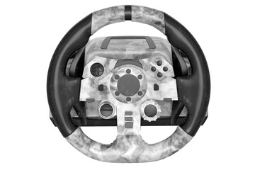 Realistic leather steering wheel with black marble texture on white background