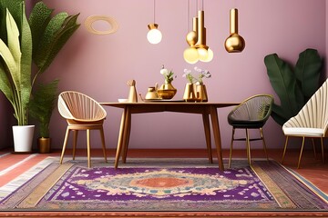 Arabic, Islamic style interior bedroom, lamp, flowers vases with pastel and patterned floor rug