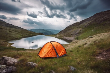 Orange tent next to a serene lake in a beautiful mountain landscape, representing the peace and tranquility of camping in nature.Ai generated