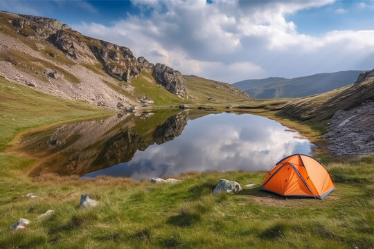 Orange tent next to a serene lake in a beautiful mountain landscape, representing the peace and tranquility of camping in nature.Ai generated