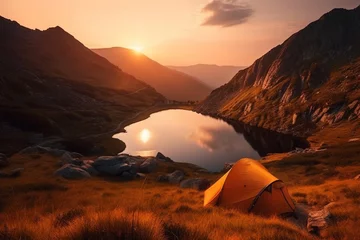 Vlies Fototapete Rot  violett Orange tent next to a serene lake in a beautiful mountain landscape, representing the peace and tranquility of camping in nature.Ai generated