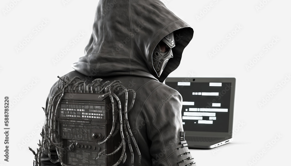 Poster hooded hacker stealing information from a laptop. generative ai