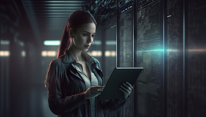 Businesswoman with tablet pc against futuristic server room， Generative AI