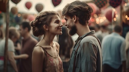 Couple in love on a music festival, crowd in the background, kissing and hugging