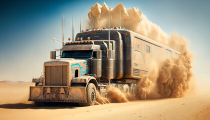 Truck in the middle of the desert. Generative AI