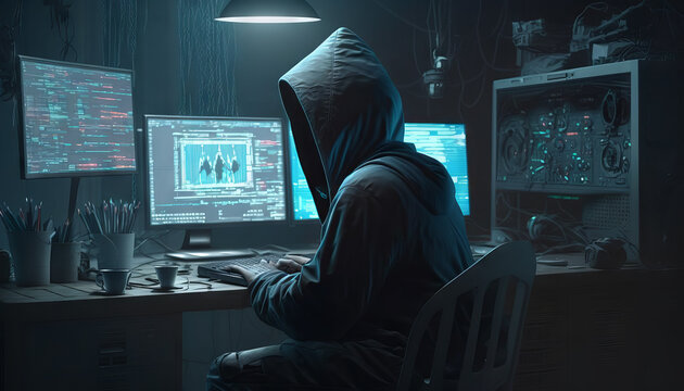 Hooded hacker sitting in dark room with computer screen and binary code. Hacking concept. Generative AI