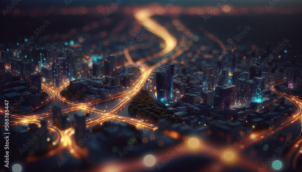 Aufkleber generative ai rendering of a city in the evening with road and lights