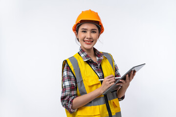 Happy Asian woman engineer and safety helmet with tablet isolated on white background.