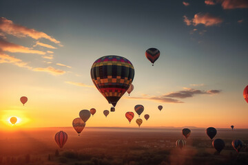 Obraz premium Hot air balloons floating in the sky at sunset, representing the beauty and wonder of air travel. AI GENERATED