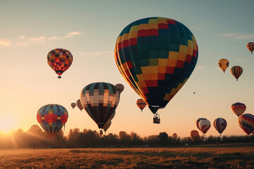 Obraz premium Hot air balloons floating in the sky at sunset, representing the beauty and wonder of air travel. AI GENERATED