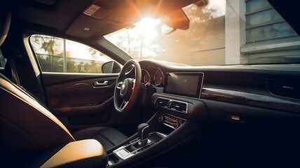 Inside a driving car on a sunny road - Generative AI