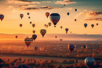 Naklejka premium Hot air balloons floating in the sky at sunset, representing the beauty and wonder of air travel. AI GENERATED