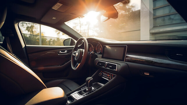 Inside a driving car on a sunny road - Generative AI
