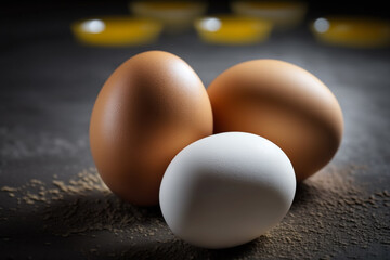 Chicken eggs, brown and white eggs on a table. Eggs ready to be used with flour and wheat in recipe on the table. Types of eggs used in cake preparation and various recipes.