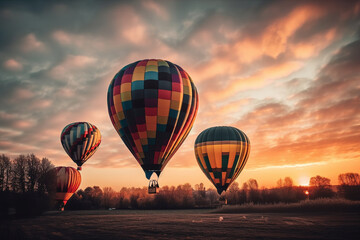 Hot air balloons floating in the sky at sunset, representing the beauty and wonder of air travel. AI GENERATED