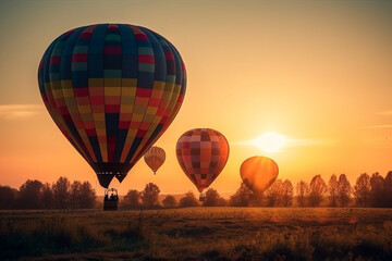 Hot air balloons floating in the sky at sunset, representing the beauty and wonder of air travel. AI GENERATED