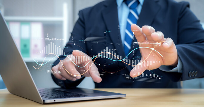 Analyst touch on business analytics dashboard with KPI, charts and metrics to analyze data and create insight reports for executives and strategical decisions. Operations and performance management