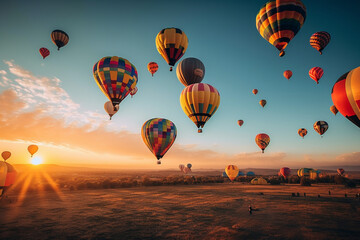 Obraz premium Hot air balloons floating in the sky at sunset, representing the beauty and wonder of air travel. AI GENERATED