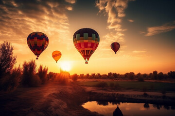 Naklejka premium Hot air balloons floating in the sky at sunset, representing the beauty and wonder of air travel. AI GENERATED