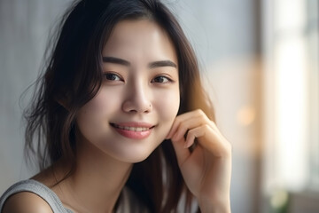 Pretty young Asian woman looking at camera. Composite with different elements made with generative AI