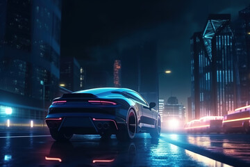 Futuristic electric car in an illuminated city at night. Composite with different elements made with generative AI