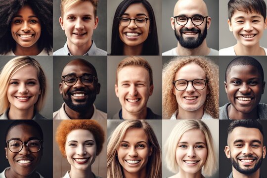 A composite portrait image is created by a collage of a large group of smiling people, showcasing the diversity of the individuals and their expressions of happiness. Generative AI