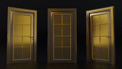 set of gold closed doors isolated on dark background, 3D render