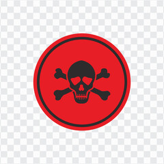 Poison Sign in red Color and Black Version. Danger attention sign. Warning. Human skull and bones on a round background. Illustration. 