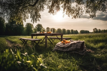 Lovely picnic setup in a spring nature landscape. Picnic in Nature on a sunny day. Ai generated