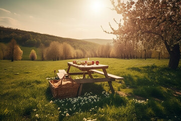 Obraz premium Lovely picnic setup in a spring nature landscape. Picnic in Nature on a sunny day. Ai generated
