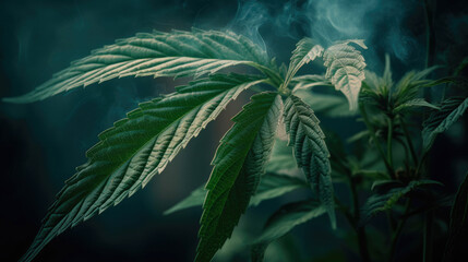 Image of a marijuana green leafy plant with a hazy, smoke-filled background. Generative AI