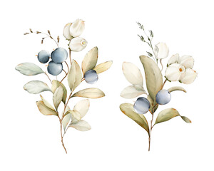 Set of watercolor illustrations. Blueberries and branch. Isolated on white background for wreaths, wedding invitations,postcards, greetings