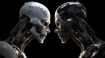Two robots facing off on a black background
