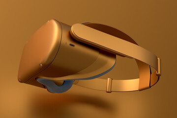 Realistic virtual reality glasses with gold chrome texture on golden background