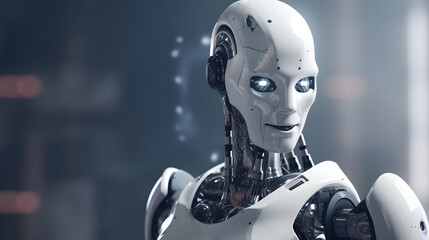 3d rendered illustration of a white robot, cyborg with glowing eyes looking to the right on a gray blurred background