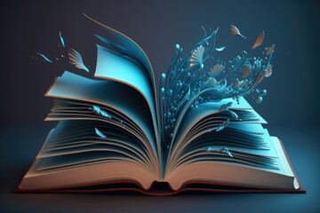 A blue open book with pages flying 3d model. ai generative