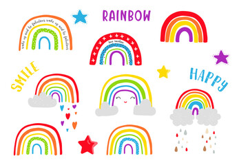 vivid rainbow set with sun,star illustration for sticker,postcard,birthday invitation.Editable element