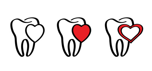 Cartoon healthy, tooth with gums, line pattern and love, heart. Vector drawing silhouette icon. Damage teeth or tooth with caries. Cracked tooth, mouth and dental, damaged. Strong enamel, disease.