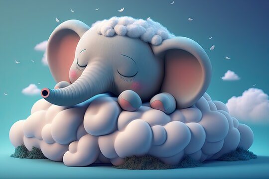 A cute little baby elephant sleeps on a cloud 3d. ai generative