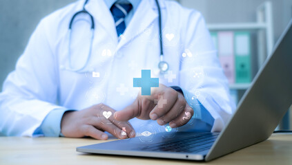 Medicine doctor touch digital interface medical technology and futuristic concept.Digital healthcare and network on modern virtual screen.